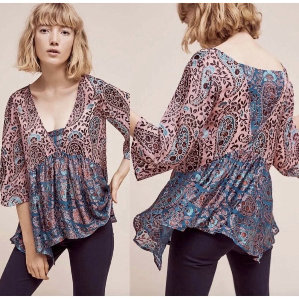 Floreat Anthropologie Valo Velvet Burnout Paisley Top M Medium Babydoll‎ Boho